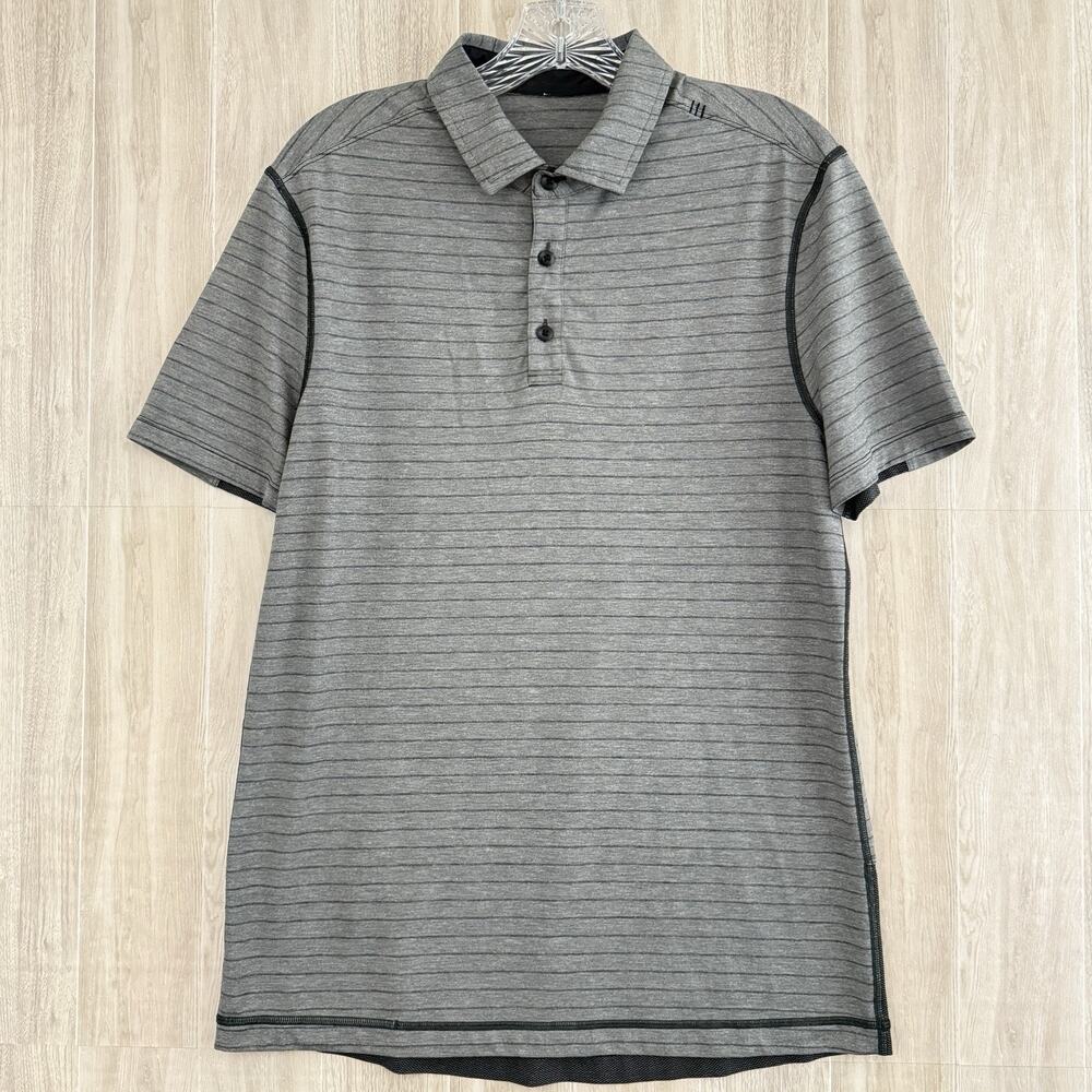 Lululemon Polo Shirt Men Medium Gray Chip Shot Striped Golf Performance Stretch